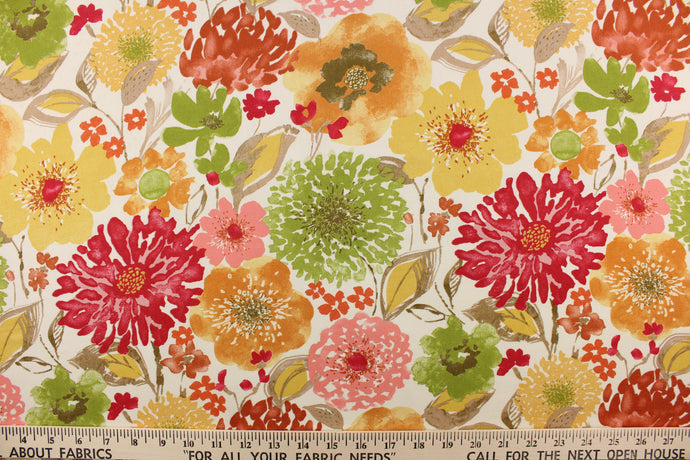 This bold color fabric features a floral design in red, pink, yellow, green, varying shades of orange and hints of taupe or beige on a off white background.
