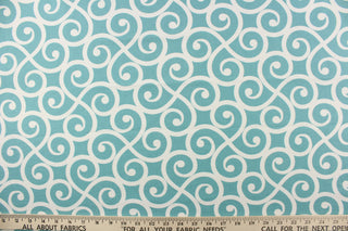 This fabric feature a delightful design of swirled lines that touch sides in white on a light teal background.