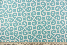 Load image into Gallery viewer, This fabric feature a delightful design of swirled lines that touch sides in white on a light teal background.
