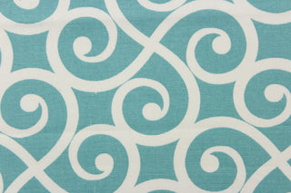 This fabric feature a delightful design of swirled lines that touch sides in white on a light teal background.