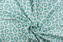 Load image into Gallery viewer, This fabric feature a delightful design of swirled lines that touch sides in white on a light teal background.
