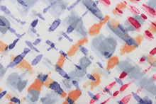 Load image into Gallery viewer, This outdoor fabric features a diagonal plaid design in pinks, orange, gray, and purple blue against a white background.

