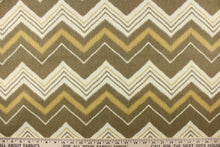 Load image into Gallery viewer,  This fabric features a chevron design in varying taupe, khaki and off white. 
