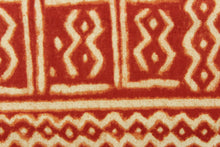 Load image into Gallery viewer, This fabric features a Aztec design in red and light khaki with hints of orange. 
