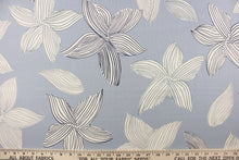 Load image into Gallery viewer,  This fabric features a contemporary floral design in blue and off white. 
