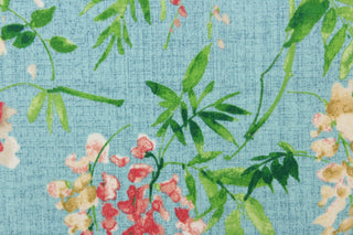 This fabric features a floral design in green, pink, beige, and white against a blue background.