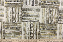 Load image into Gallery viewer, This fabric features an abstract design in gray, black, gold tone and white.
