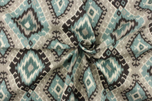 Load image into Gallery viewer,  This fabric features a geometric design of diamonds in varying shades of teal, and gray with hints of black and white
