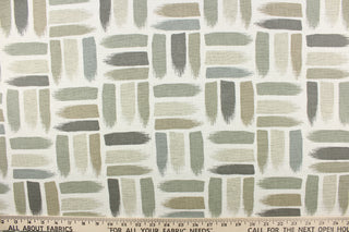 This fabric features a geometric design of horizontal and vertical short brush strokes in shades of green gray tones, taupe against a dull white background.
