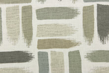 Load image into Gallery viewer, This fabric features a geometric design of horizontal and vertical short brush strokes in shades of green gray tones, taupe against a dull white background.
