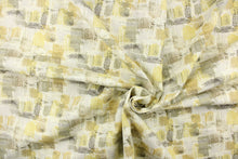 Load image into Gallery viewer, This fabric features an abstract design in golden yellow, gray, taupe, olive green, and off white . 
