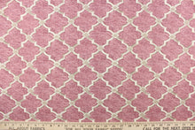 Load image into Gallery viewer,  This fabric features a geometric design in a off white with khaki against a rose pink background.
