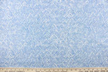Load image into Gallery viewer, This fabric features a basket weave design in light blue jean blue and white.
