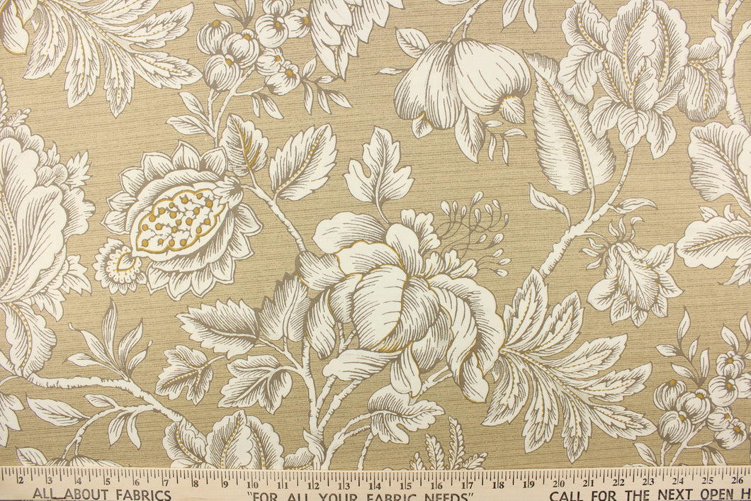  This beautiful fabric features a floral design in brown tones, khaki, taupe, hints of gold and off white. 