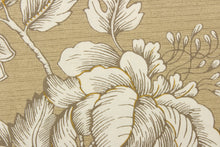 Load image into Gallery viewer,  This beautiful fabric features a floral design in brown tones, khaki, taupe, hints of gold and off white. 
