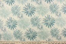 Load image into Gallery viewer, This fabric features a firework like design in teal blue tones and off white with hints of gray.
