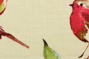  This fabric features a bird design in brown, teal, yellow, green, deep pink, and red orange against a off white background.