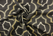Load image into Gallery viewer, This fabric features a large geometric design in tan, light khaki, and taupe against a dark gray background. 
