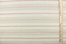 Load image into Gallery viewer, This fabric features a horizontal stripe design in gray, red, pale blue, white and dull white.
