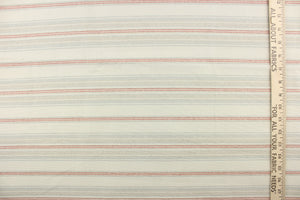 This fabric features a horizontal stripe design in gray, red, pale blue, white and dull white.
