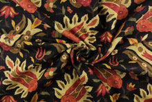 Load image into Gallery viewer, This fabric features a unique design in brown, tan, golden brown, black, green, khaki and burgundy. 
