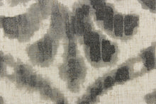 Load image into Gallery viewer,  This fabric features a damask design in gray tones with hints of taupe against a natural background. 

