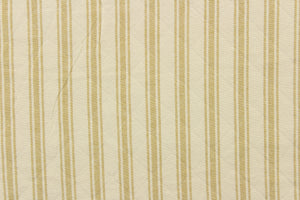  This printed jacquard fabric features a vertical stripe design in light khaki against an off white background.