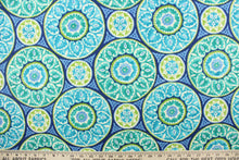 Load image into Gallery viewer, This fabric features a intricate circular design and is perfect for any project where the fabric will be exposed to the weather.  Colors included are green, white and shades of blue.
