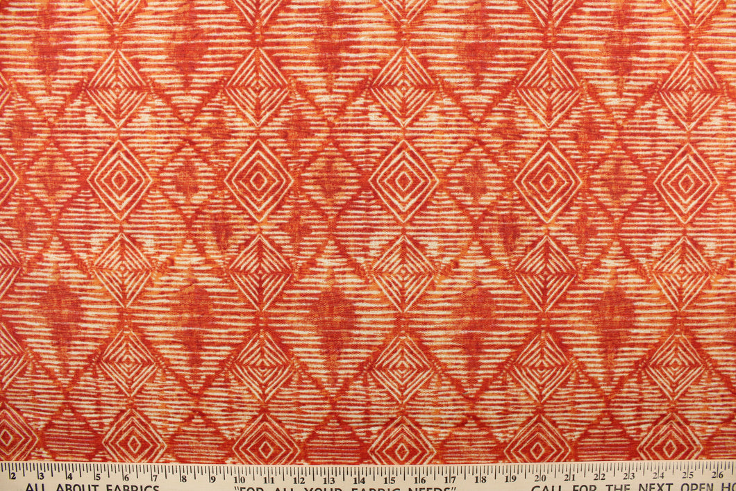This fabric features interlocking geometric diamonds in orange and is perfect for any project where the fabric will be exposed to the weather.  