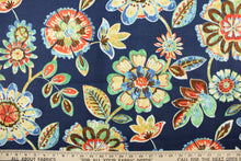 Load image into Gallery viewer, This fabric features a large floral design and is perfect for any project where the fabric will be exposed to the weather.  Colors include red, green, brown and shades of blue.
