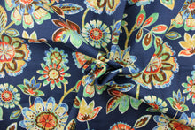 Load image into Gallery viewer, This fabric features a large floral design and is perfect for any project where the fabric will be exposed to the weather. Colors include red, green, brown and shades of blue.
