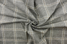 Load image into Gallery viewer, This multi functional fabric features white and khaki stripes on a gray background. 
