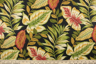 This fabric features a large leaf design on a black background and is perfect for any project where the fabric will be exposed to the weather. Colors include red, green, brown and khaki.