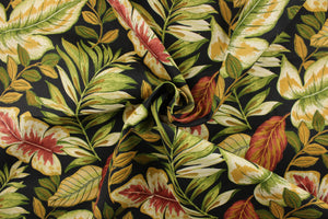 This fabric features a large leaf design on a black background and is perfect for any project where the fabric will be exposed to the weather. Colors include red, green, brown and khaki.