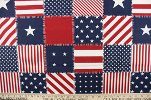 Celebrate Independence Day with this patchwork patriotic print featuring stars and stripes and is perfect for any project where the fabric will be exposed to the weather.  Colors included are red, white and blue.