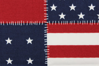 Celebrate Independence Day with this patchwork patriotic print featuring stars and stripes and is perfect for any project where the fabric will be exposed to the weather. Colors included are red, white and blue.