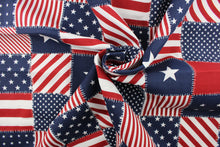 Load image into Gallery viewer, Celebrate Independence Day with this patchwork patriotic print featuring stars and stripes and is perfect for any project where the fabric will be exposed to the weather. Colors included are red, white and blue.
