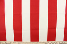 Load image into Gallery viewer, This wide striped fabric in red and white is perfect for your outdoor décor. 
