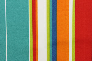 This bright striped fabric is perfect for outdoor settings and indoors in a sunny room.  Colors included are blue, orange, white, green and teal.