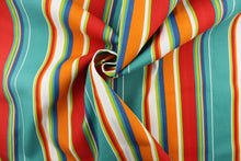 Load image into Gallery viewer, This bright striped fabric is perfect for outdoor settings and indoors in a sunny room.  Colors included are blue, orange, white, green and teal.

