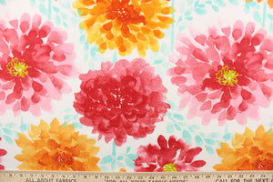 This beautiful watercolor bloom print features large gardenia flowers set against a solid background and is perfect for any project where the fabric will be exposed to the weather.  Colors include white, orange, turquoise, pink, red.