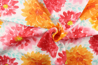 This beautiful watercolor bloom print features large gardenia flowers set against a solid background and is perfect for any project where the fabric will be exposed to the weather. Colors include white, orange, turquoise, pink, red.