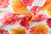 Load image into Gallery viewer, This beautiful watercolor bloom print features large gardenia flowers set against a solid background and is perfect for any project where the fabric will be exposed to the weather. Colors include white, orange, turquoise, pink, red.
