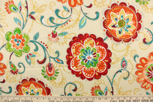 Load image into Gallery viewer, This fabric features a large bright floral design and is perfect for any project where the fabric will be exposed to the weather.   Colors include red, orange, green, white, blue and khaki.
