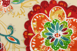 This fabric features a large bright floral design and is perfect for any project where the fabric will be exposed to the weather. Colors include red, orange, green, white, blue and khaki.
