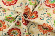 Load image into Gallery viewer, This fabric features a large bright floral design and is perfect for any project where the fabric will be exposed to the weather. Colors include red, orange, green, white, blue and khaki.
