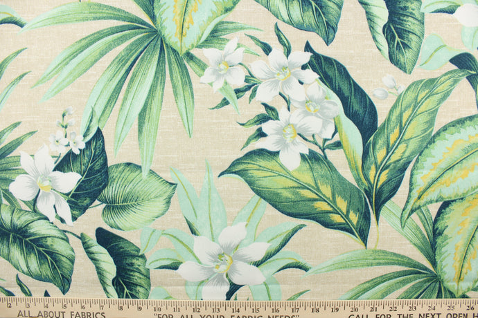 This screen printed fabric features tropical flowers and palm leaves set against a solid background and is perfect for any project where the fabric will be exposed to the weather.  Colors include white, khaki, mustard yellow and shades of green.
