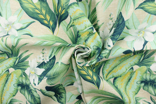 This screen printed fabric features tropical flowers and palm leaves set against a solid background and is perfect for any project where the fabric will be exposed to the weather. Colors include white, khaki, mustard yellow and shades of green.