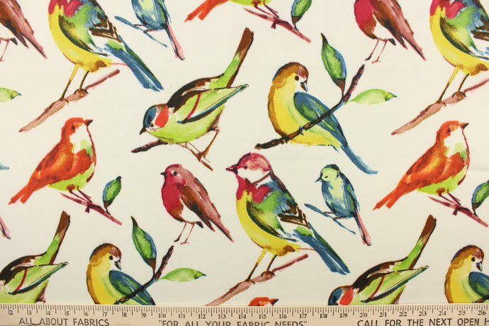 This screen printed fabric features birds perched upon branches.  Colors included are yellow, blue, gray, shades brown, shades of brown, red and ivory.