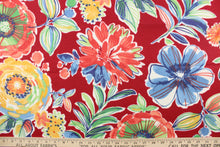 Load image into Gallery viewer, This screen printed fabric features large colorful flowers set against a solid background and is perfect for any project where the fabric will be exposed to the weather.  Colors include red, coral, yellow, orange, blue, green, grey, and white.
